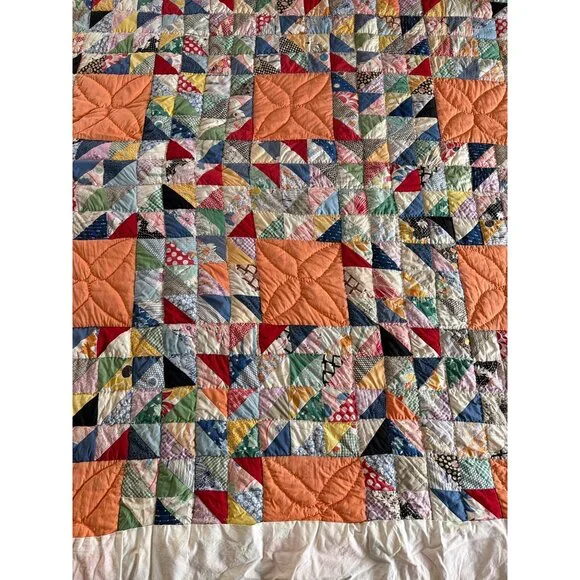 Vintage Handmade Patchwork Quilt 80x62 Multicolor Scrap Quilt Yellow Back - Picture 5 of 16